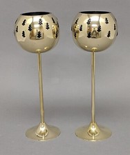 Votive Candle Holder Brass Green Glass Liner Tree Cutouts 4"D 11"High Set/2