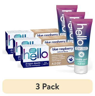 (3 pack) hello Dragon Dazzle Kids Toothpaste with Fluoride, Blue Raspberry,4.2Oz