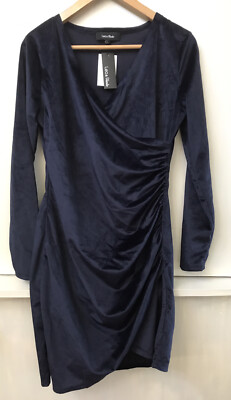 Lea & Viola Women's Ruched Velour  Dress Long Sleeve Navy Blue Size S Small NWT