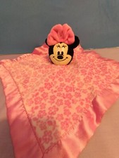 Disney Baby Minnie Mouse Lovey Rattle Security Blanket Pink White Flowers Satin