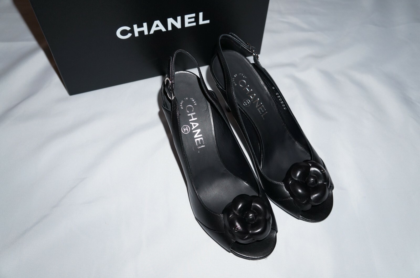 Leather Chanel Camellia Flower Heels Slingback Pumps Black Size 38 US 8 ...