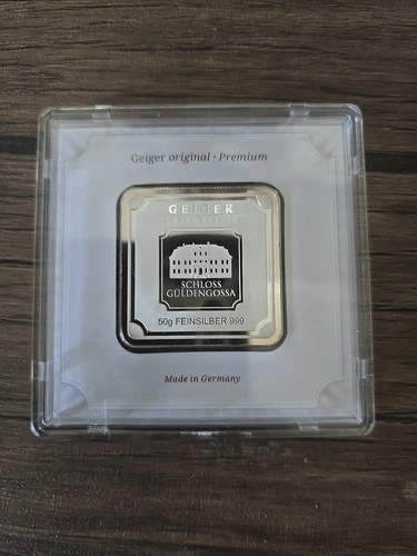 Geiger!  50 Gram Silver Square Bar .999 Fine Silver Sealed In Assay