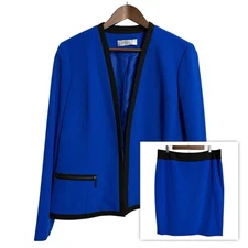 Kasper skirt suit set women’s 14 blue black color block two piece career blazer
