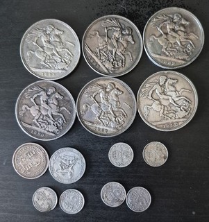 Job lot pre 1922 silver coins 6 Victoria crowns others 189 grams