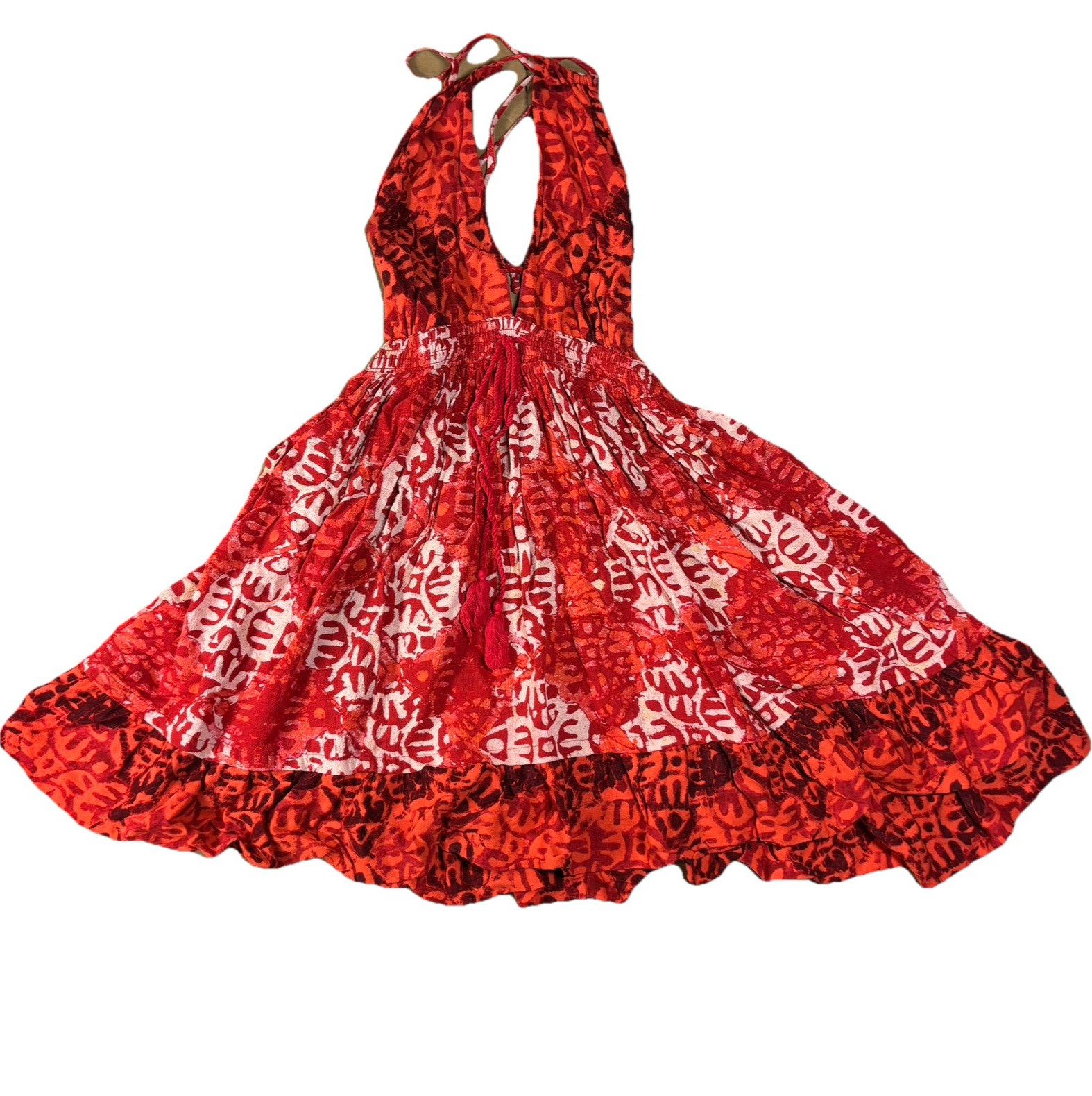 Free People Beach Day Backless Halter Mini Dress Red White Geo Batik Print Sz XS
