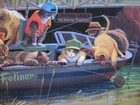 Unsigned 1999 vintage greeting card By Bryan Moon PLEASE WRITE Fishing Cats — photo 5