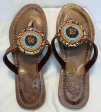 Slip In Handmade Leather Decorative Sandals. Maasai Beads.pre-owned UK SIZE 7