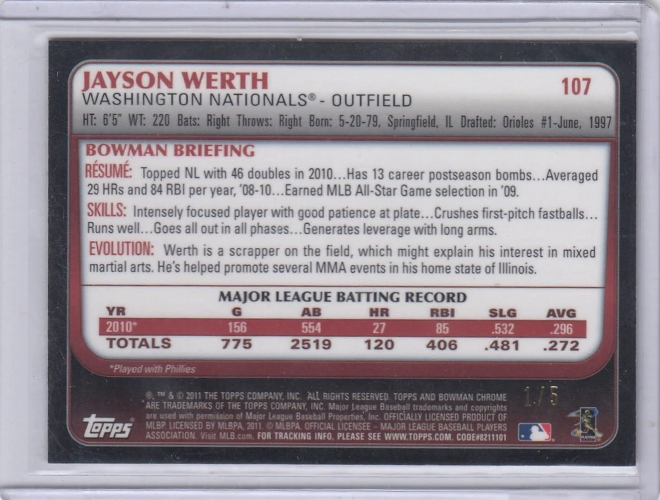 2011 Jayson Werth Bowman Chrome RED REFRACTOR Parallel 1/5 /5 - #107 Nationals - Image 2 of 2