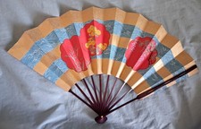Vintage Double Sided Asian Paper Folding Fan Gold Red Flowers 13"