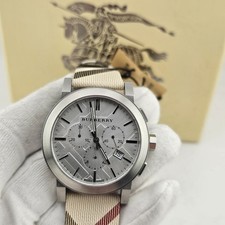 NEU BURBERRY BU9357 HERREN UHR MEHRFARBIG LEDER STOFF ARMBAND SILBERNES ZIFFERBLATT UK