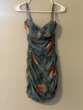 Windsor Teal Floral Ruched Mesh Bodycon Mini Dress Sweetheart Neck Size M