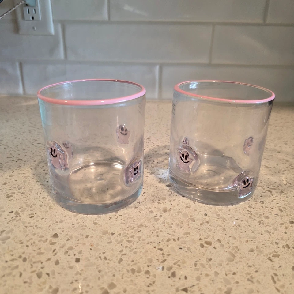 Pink Ghost Inlay Doble Antiguo Vidrio Set de 2 Halloween Summerween NUEVO Foto 2 de 4