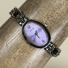 Vtg Guess Women G55065L Dress Oval Purple Dial Silver Tone Quartz Watch 6 1/4"