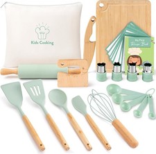 Kids Wooden Montessori Green Cooking  Baking Set with Cutting Board  Tools