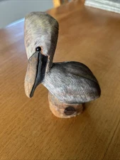 Vintage WOODEN Hand Carved Resting Pelican on Piling Wood Coastal Sea Shore Bird
