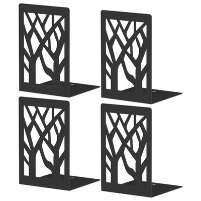 Bookends 4 Pieces, Modern Metal Bookends for Shelves, Black Tree Book Ends for B