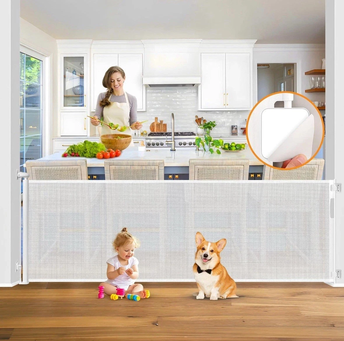 No Drill Retractable Baby/Pet Gate, In/Outdoor, 100" wide, White