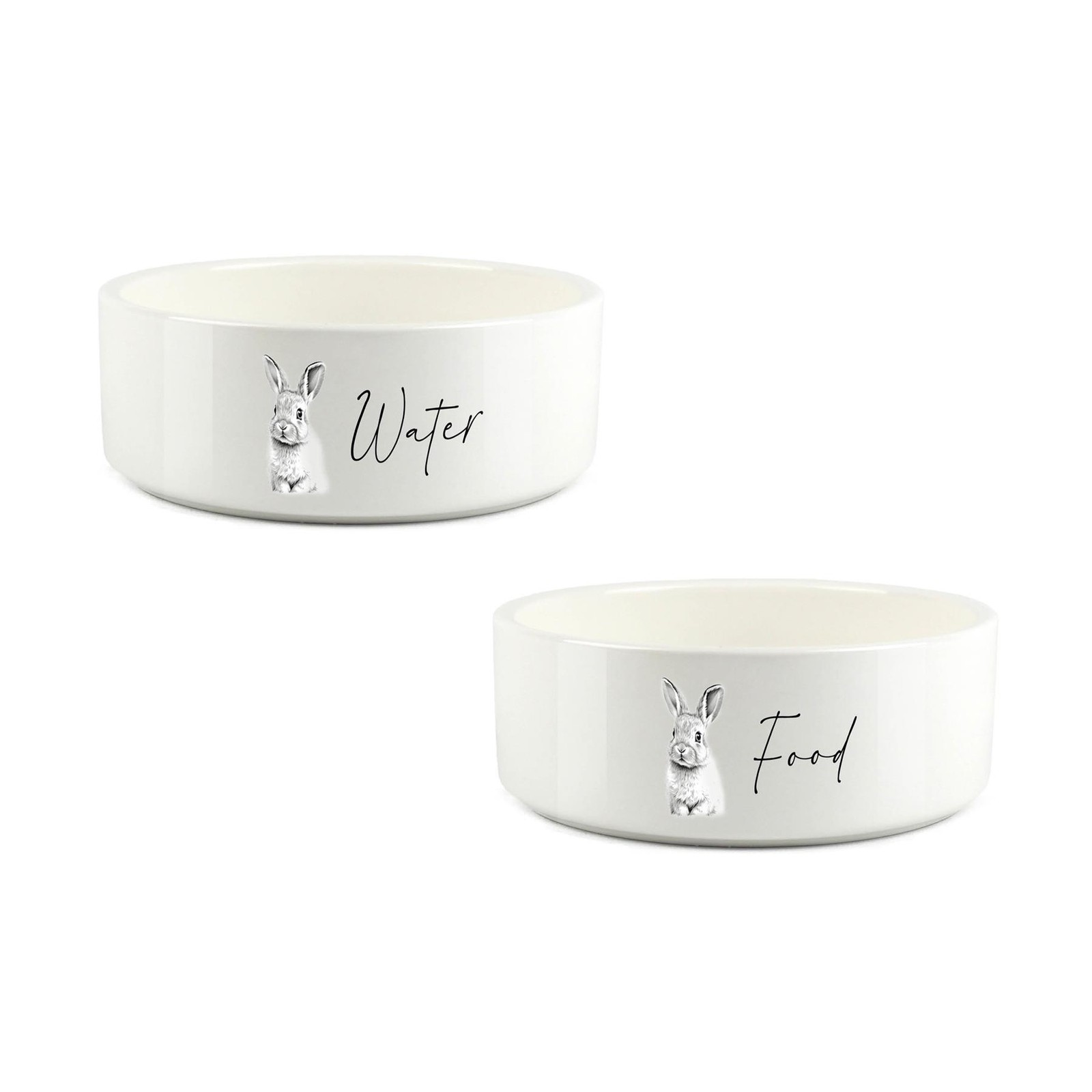Rabbit Pet Bowl Set - Black & White Food & Water Small Ceramic Food Bowls