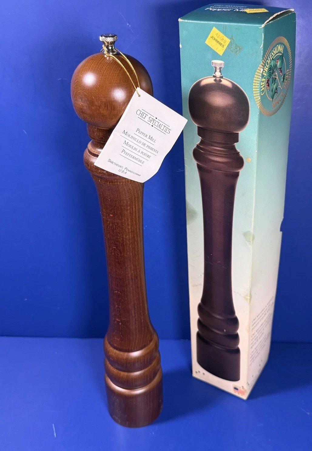 NEW VTG Chef Specialties 18” Walnut Pepper Mill – Stainless Steel Adj Grind USA