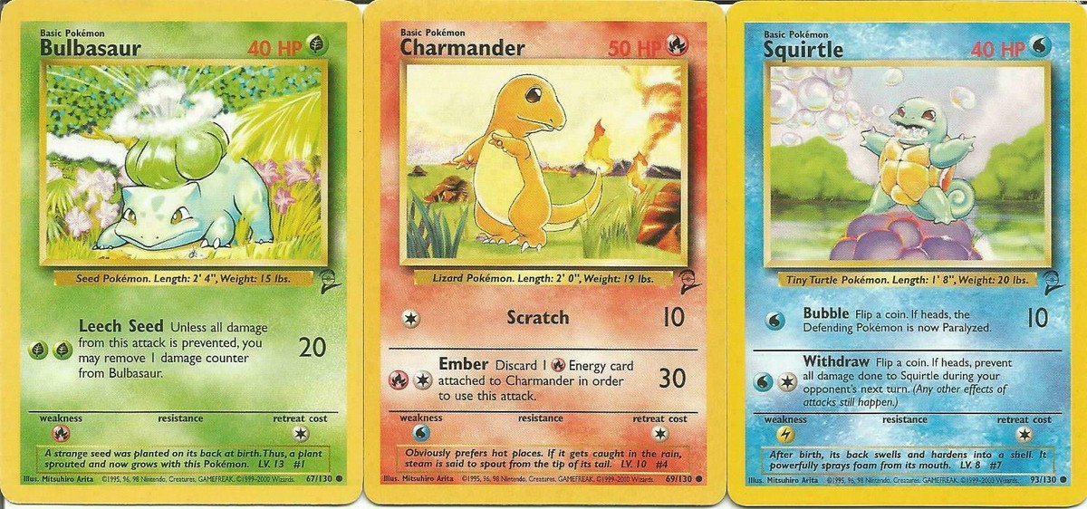 Starter pokemon cards Charmander Squirtle Bulbasaur Base Set 2 Fan