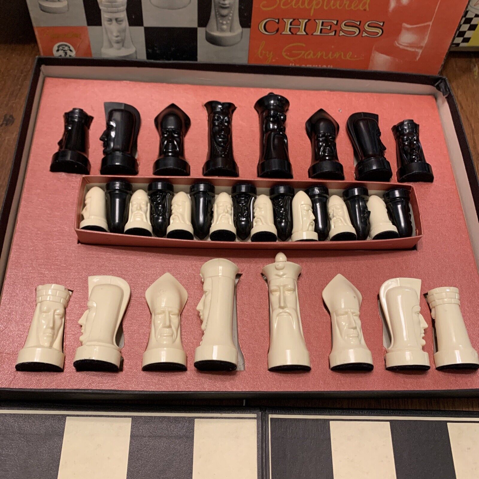 Ganine Gothic Sculptured Chess Set Checkers Board Lot w Box 1957 - Vintage