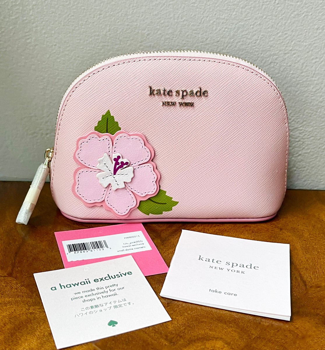 NWT Kate Spade Hawaii Pink W/Applique Flower Texture Leather Small
