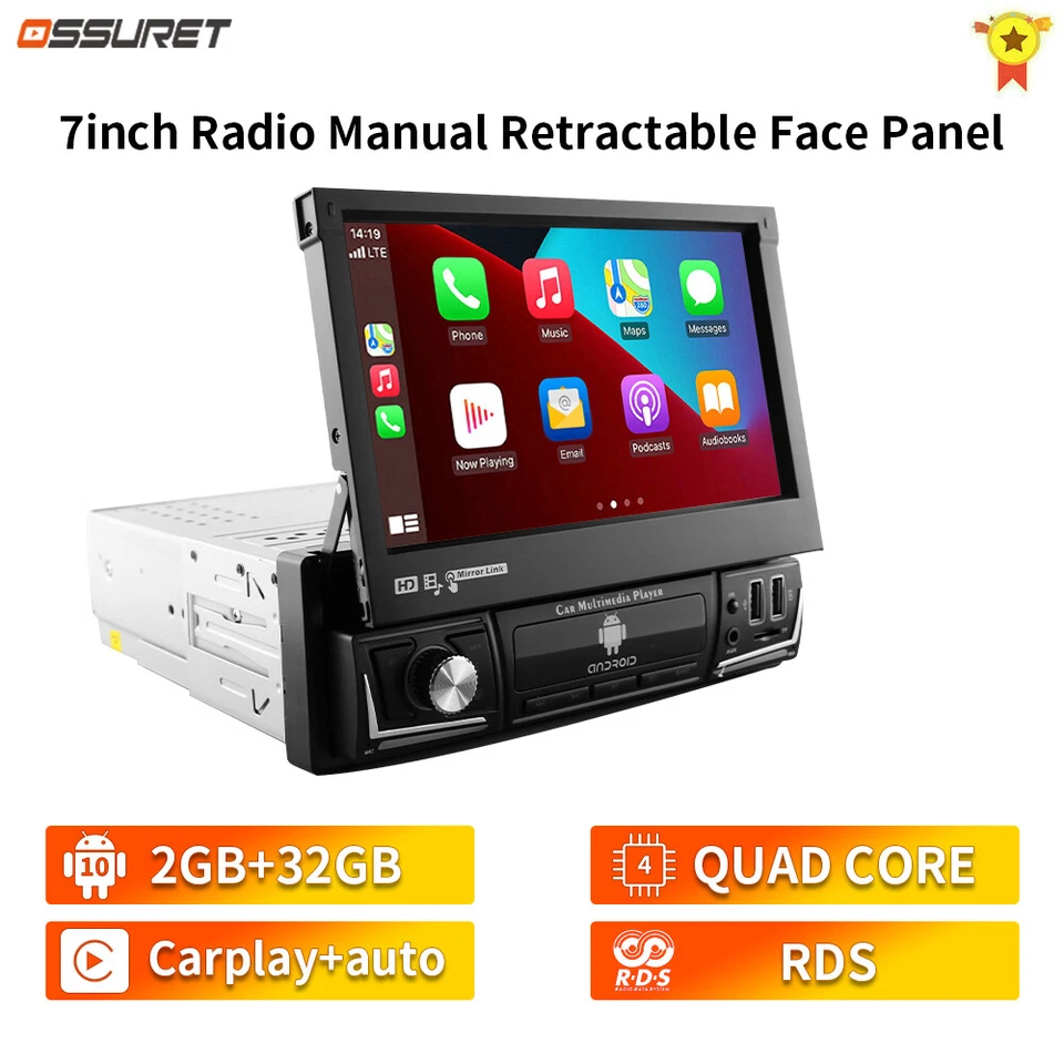 Single 1 Din Android 10.1 7" Flip Out Car Stereo Radio GPS Navi Wifi BT Carplay - Image 4 of 4