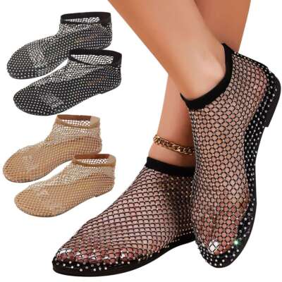 Comfortable Shiny Gem Mesh Flats Sparkle Shoes Low Heel Slip on Sandals Womens