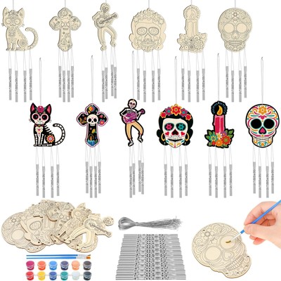 Silipull 24 Sets Day of The Dead Wind Chimes Craft for Kids Make Your Own Sku...