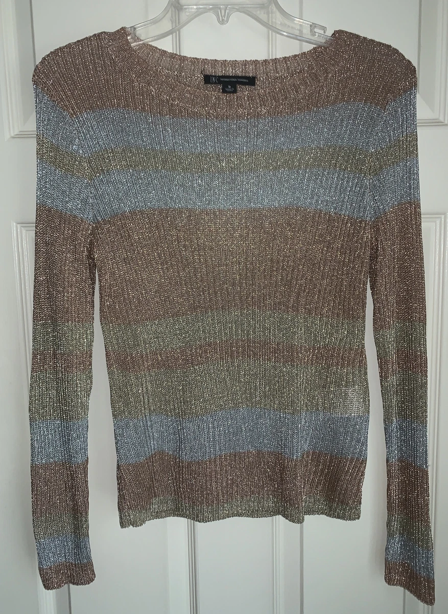 INC Womens Shimmer-Knit Sweater Silver Copper And Gold Stripe Pullover  Medium | eBay