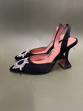 Black Pumps Silk Satin Pointy Toe Rhinestone Crystal Heels Shoes Slip On US 7.5