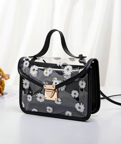 Jelly Handbag Transparent Crossbody Purse Daisy Pattern And Black Insert Stylish