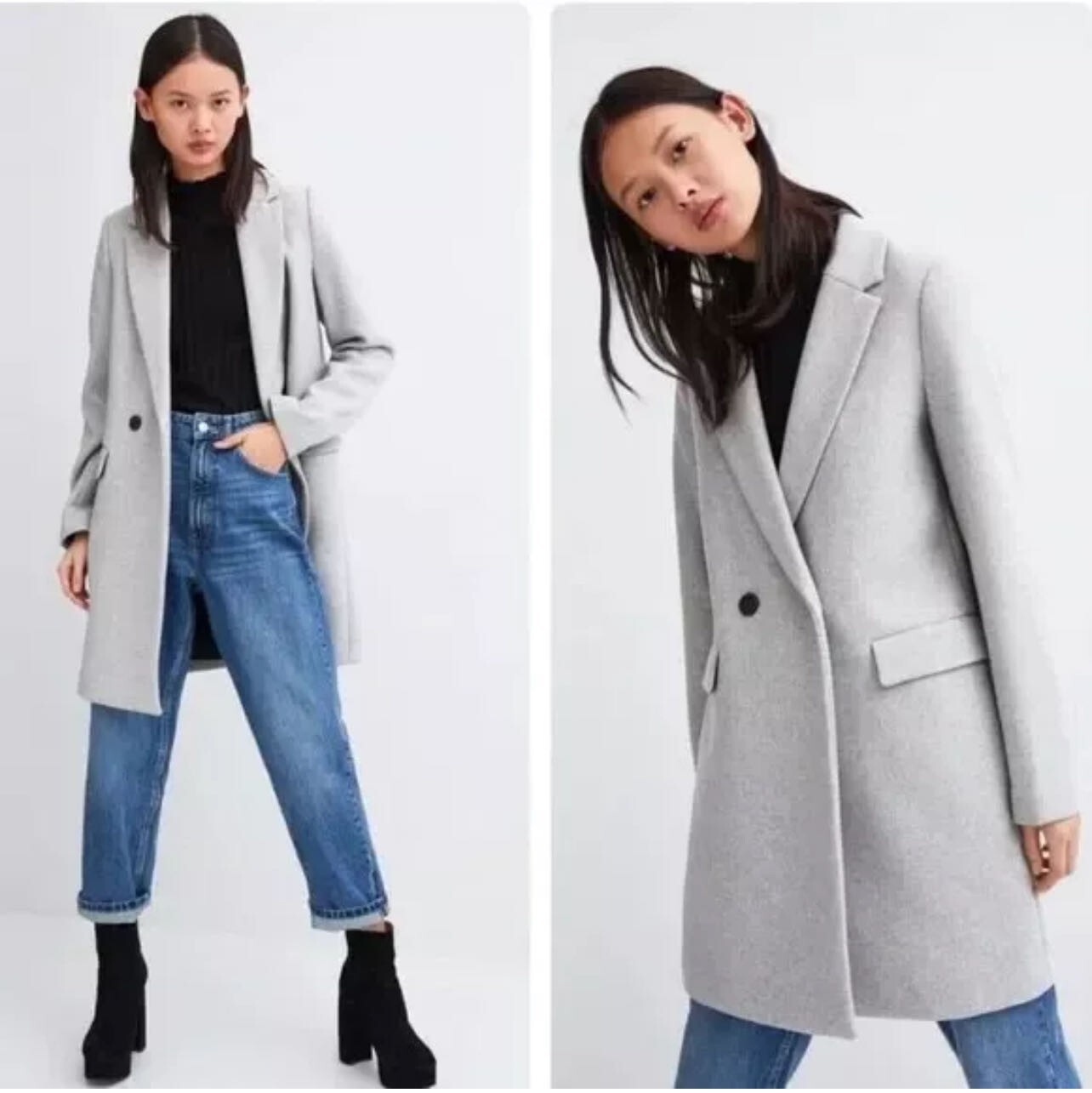 Zara Coat Jacket Womens XL Polyester Masculine Double-Breasted Gray Oversized