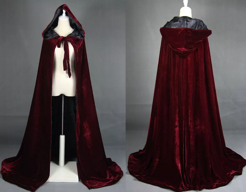 Wine red black velvet hooded cloak wedding cape Halloween wicca robe coat S 6XL