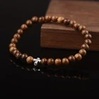 Men Natural Wood Silver Cross Beads Charm Beaded Elastic Women Bracelet Jewelry