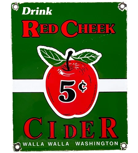 VINTAGE RED CHEEK CIDER PORCELAIN SIGN GAS STATION BOTTLE PEPSI PUMP PLATE