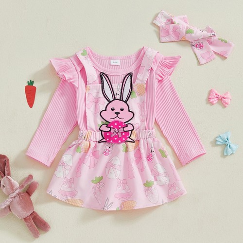 Baby Girl Easter Dress Outfit Ribbed Ruffle Romper Bunny Suspender Skirt Head... - Picture 2 of 7