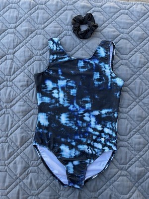 Destira Girls' Large  Gymnastics Leotard Black And Blue Color Scrunchie Included