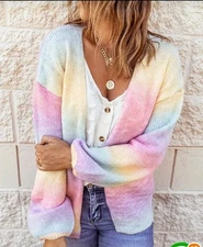 Pastel Ombre Womens Cable Open Cardigan Sweater Sz L Puff Sleeve