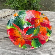 11" Clear Art Glass Bowl Infused Multi Color Leaves St Lukes