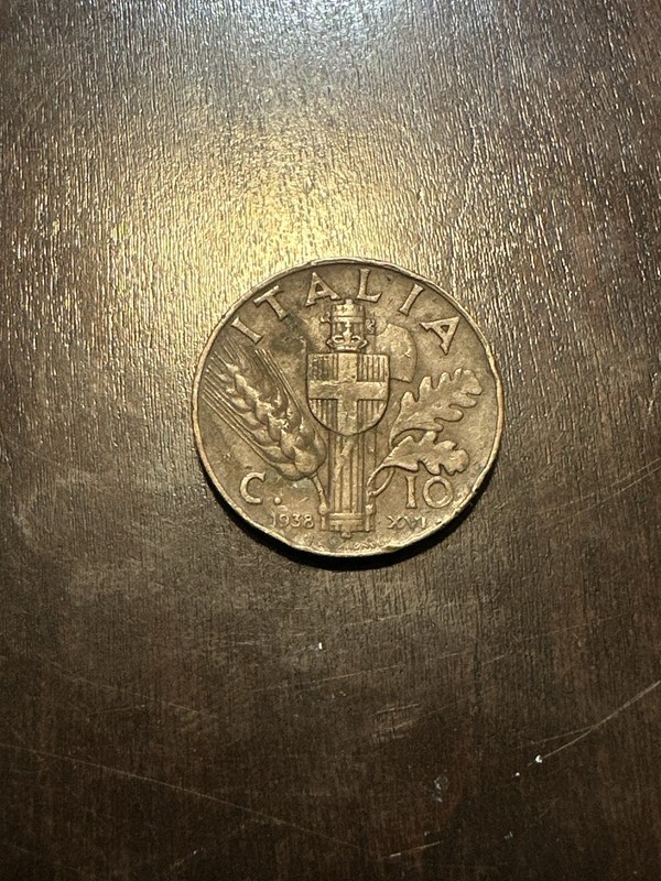 1938 Fascist Italy Copper 10 Centesimi Rome Mint Coin XF