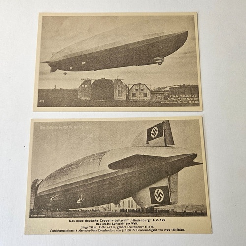 2 Different Vintage Photo Print Postcards Zeppelin LZ129 1920's 30's Unused
