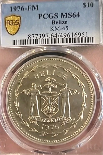 Belize 1976 10 Dollars Rare Matte BU Mtg 125 High Grade KeyDate Luster NGC64 LG