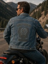 Vintage Harley Davidson Blue Denim Jacket 90th Anniversary Men Medium