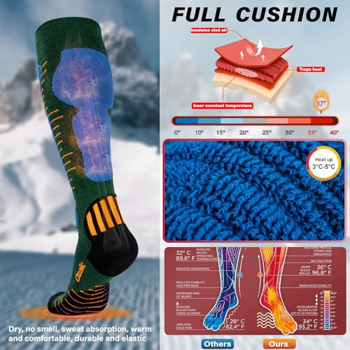 Merino Wool Ski Socks Mens Womens 2 Pairs for Skiing, Medium 2 Pairs-green+blue - Picture 3 of 6