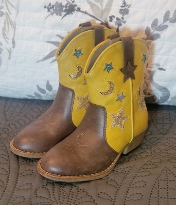 Girls Western Cowgirl Boots Rollda Size 11 Yellow Brown Glitter Stars Moon