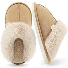 Womens Fuzzy House Slippers: Warm Plush  Non-Slip for Everyday 8-8.5 Khaki