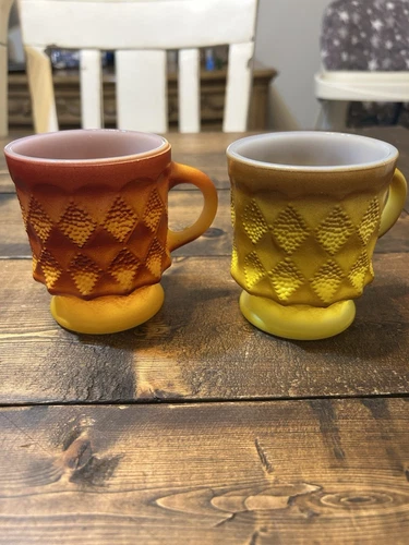 2 Different Color Vintage Anchor Hocking Fire King Coffee Mugs Diamond Kimberly