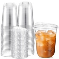 Ziliny 50 Sets 16 oz Clear Plastic Cups w/ Strawless Sip Lids, Thickened PET