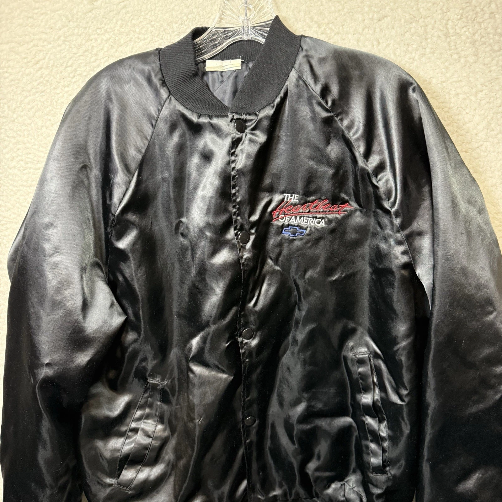 Chevrolet Nylon Jacket The Heartbeat Of America Mens Large Satin Vintage Black image 4